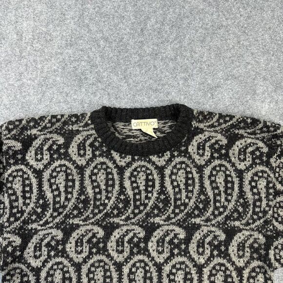 Vintage Cattivo Sweater Mens Medium Black Gray Paisley Shetland Wool Knit 80s - Picture 2 of 8